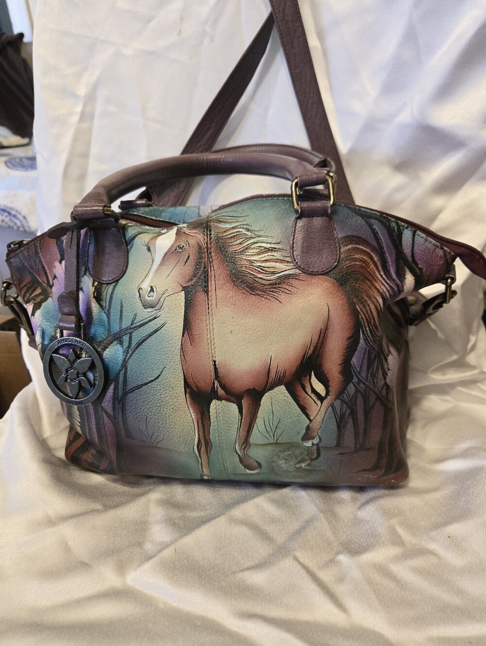 Anna Anushksa Hand PainHorse-Print Purple Satchel Handbag And Wallet